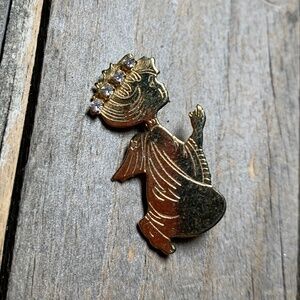 Vintage Angel Brooch Gold Tone Praying Angel Pin Crystal Halo April Birthday